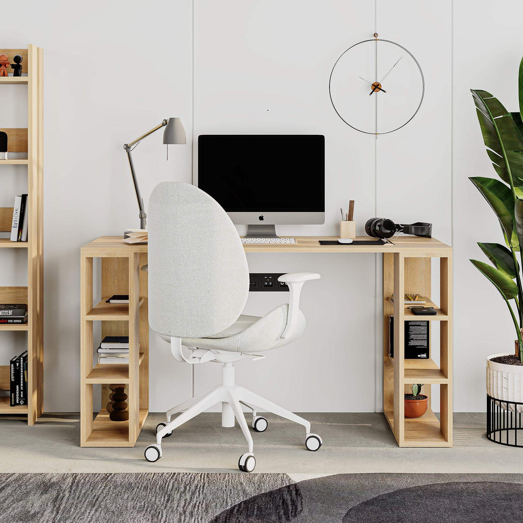 Modern desk with bookshelf legs, light wood finish and open shelves for books and decor