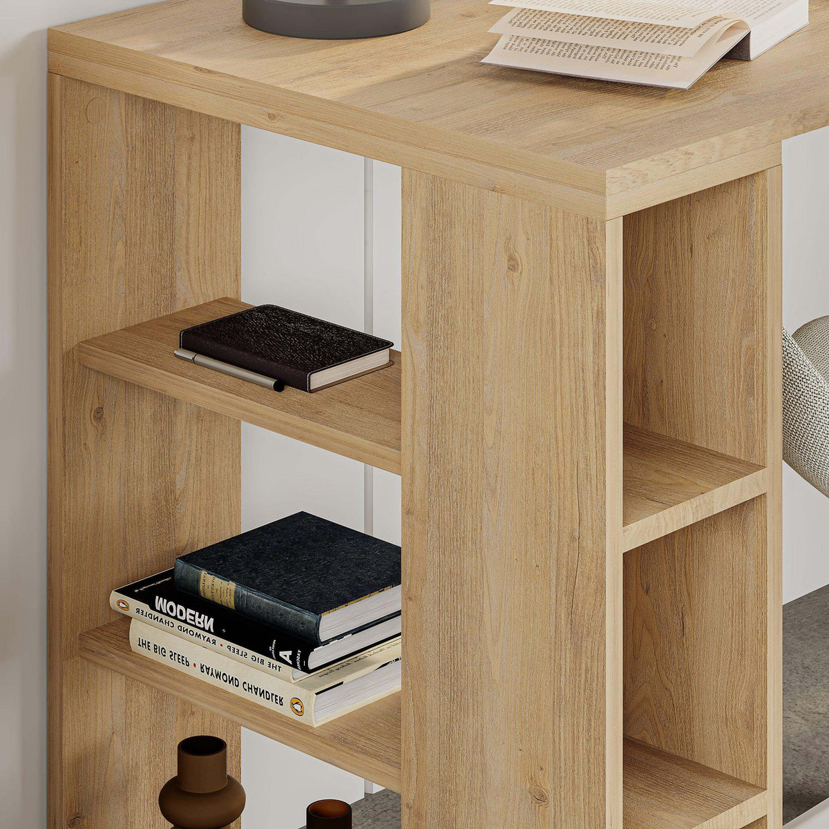 Light oak desk with bookshelf legs, open shelves, and white side panels