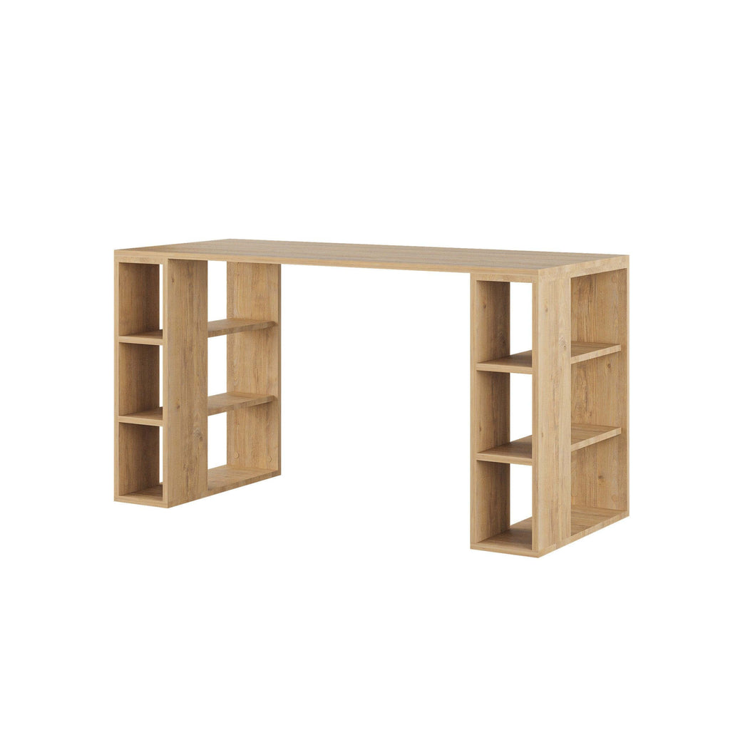 Modern desk with bookshelf legs in light wood tone, open shelves on both ends