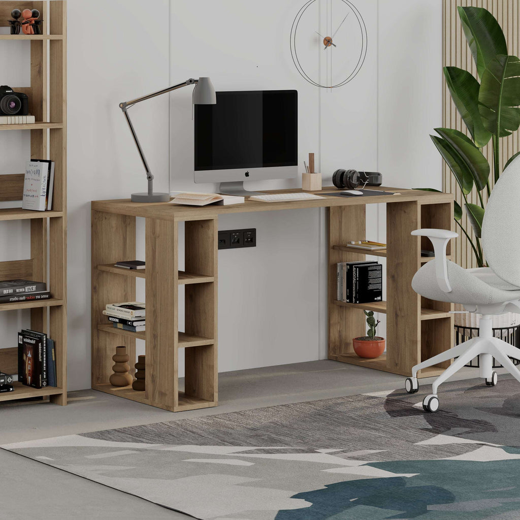 Light oak modern desk with bookshelf legs, open storage shelves, and built-in power