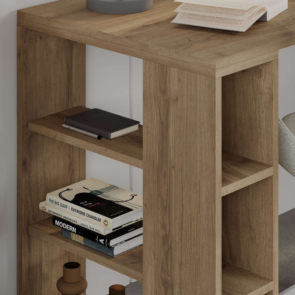 Modern desk with bookshelf legs in wood tone, open cubbies on both sides