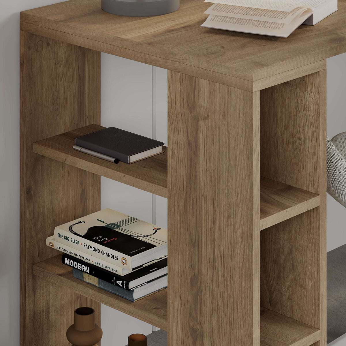 Modern desk with bookshelf legs in wood tone, open cubbies on both sides