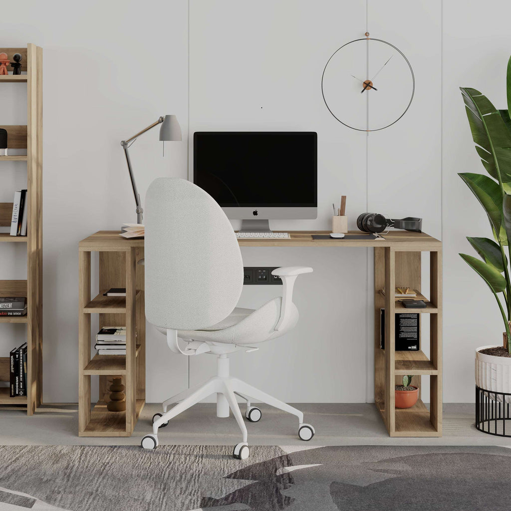 Light oak desk with bookshelf legs, open side shelves, and workstation setup