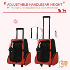 Red pet travel backpack carrier with adjustable height telescopic handle and front mesh door