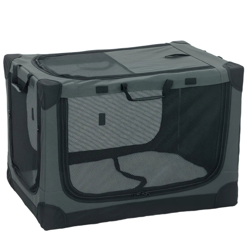 Soft-sided pet travel crate in army green with front mesh window and zip door