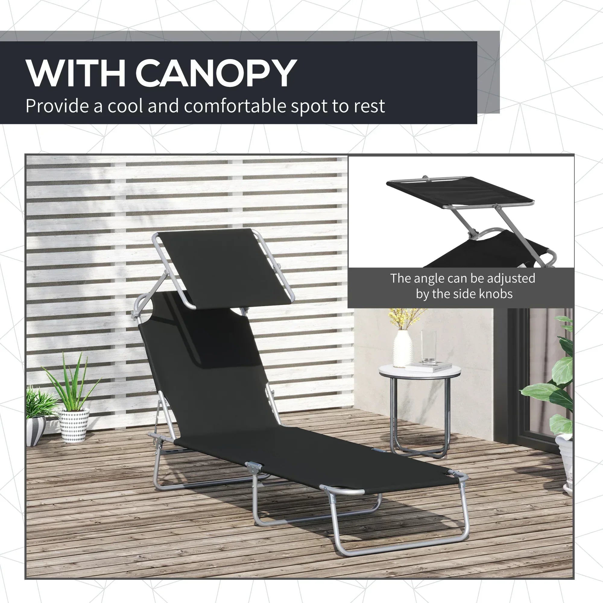 2 Pieces Outdoor Foldable Sun Lounger, 4 Level Adjustable Backrest Reclining Sun Lounger Chair with Angle Adjust Sun Shade Awning for Beach, Garden, Patio, Black - Bobobiy