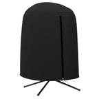 Black hanging egg chair cover with arched canopy and zip front, tripod legs