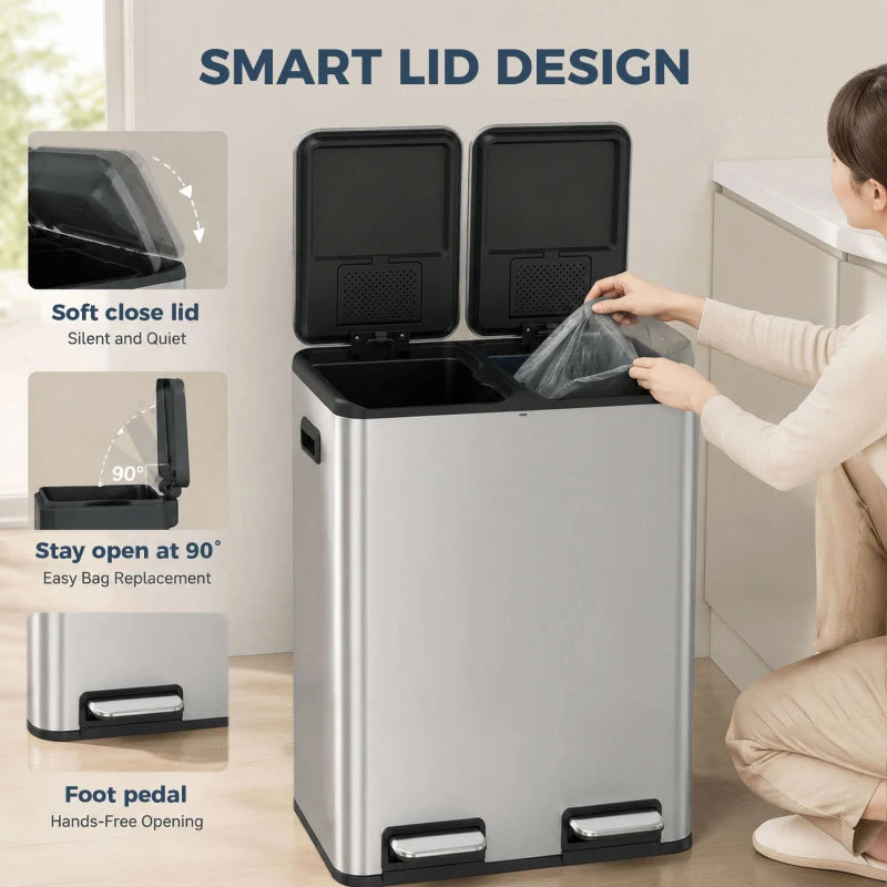 Stainless steel dual compartment pedal bin with soft-close lids and hand opening the top
