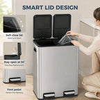 Stainless steel dual compartment pedal bin with soft-close lids and hand opening the top