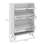 White narrow shoe cabinet open view with flip shelves and interior compartments
