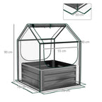 Grey garden planter bed with clear cover, front view with measurement lines