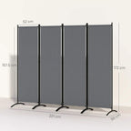 Dark grey 4-panel room divider with tall folding panels and arched feet