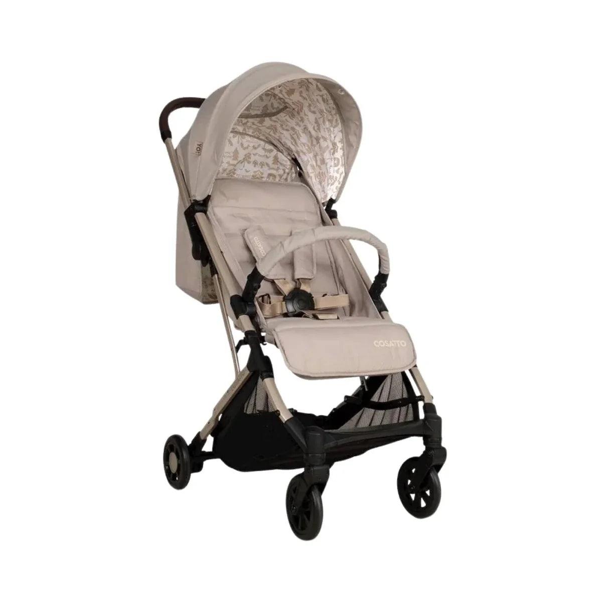 Beige Cosatto Yo stroller with patterned canopy and padded seat, front view