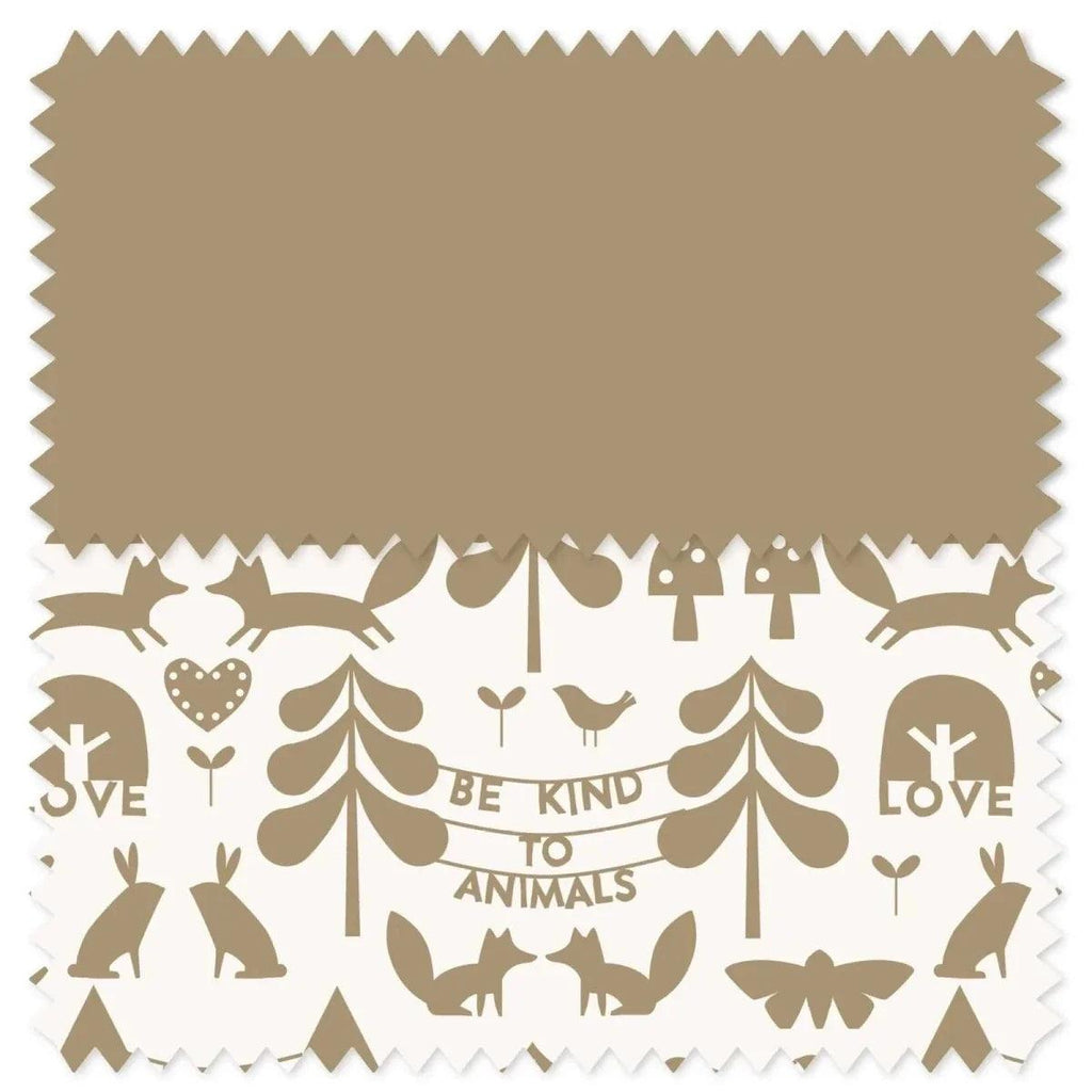 Beige fabric with woodland animals and hearts print, 'BE KIND TO ANIMALS'