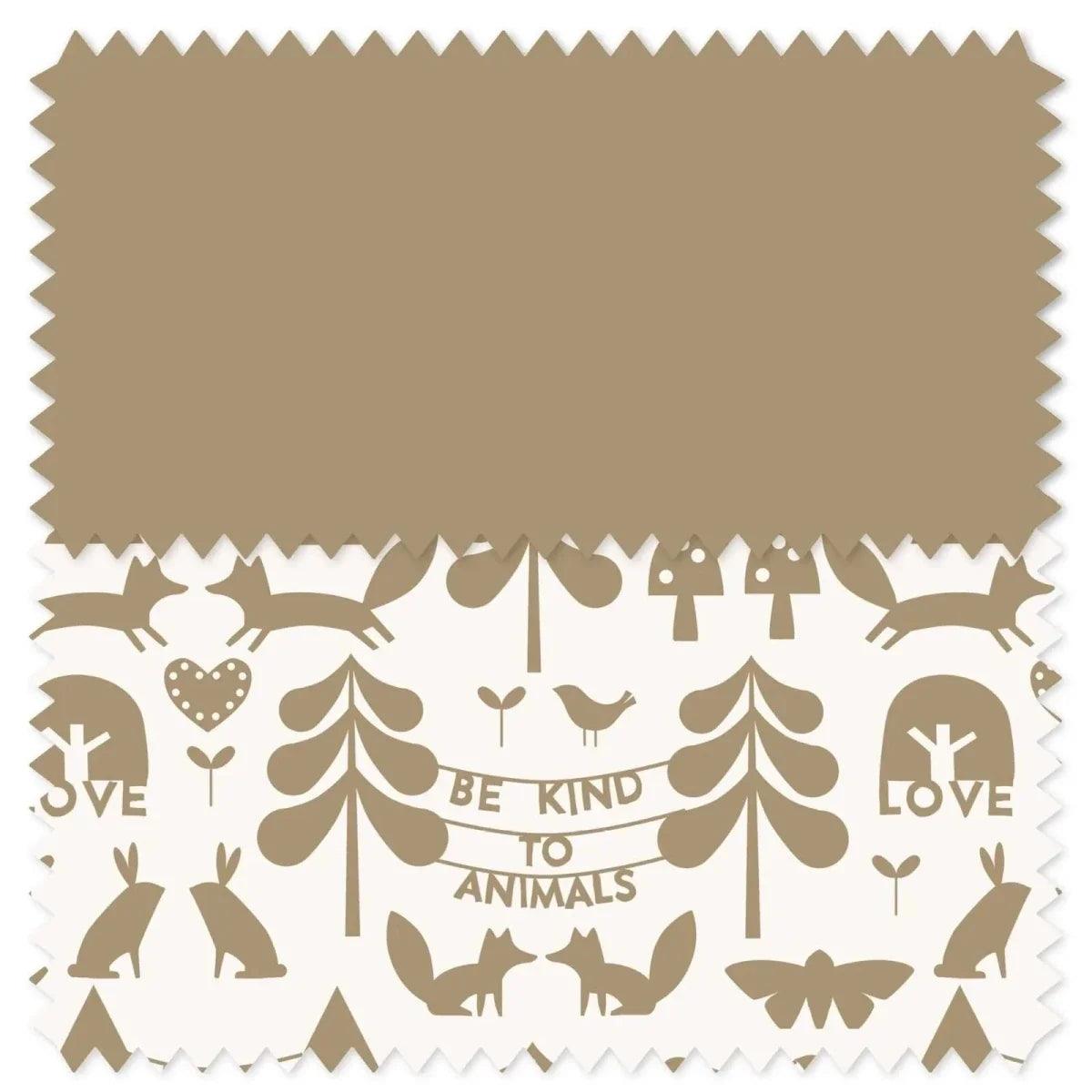 Beige fabric with woodland animals and hearts print, 'BE KIND TO ANIMALS'