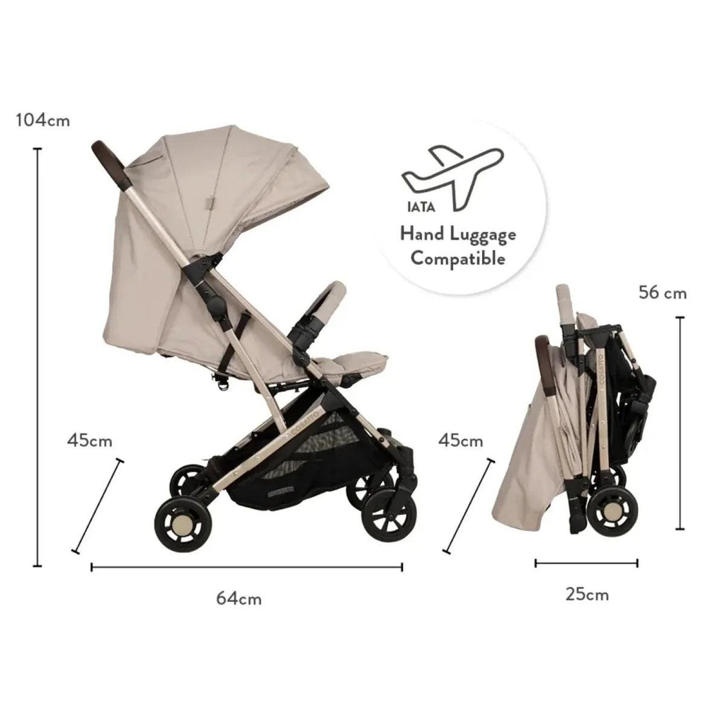 Beige stroller size chart with measurements and folded dimensions diagram