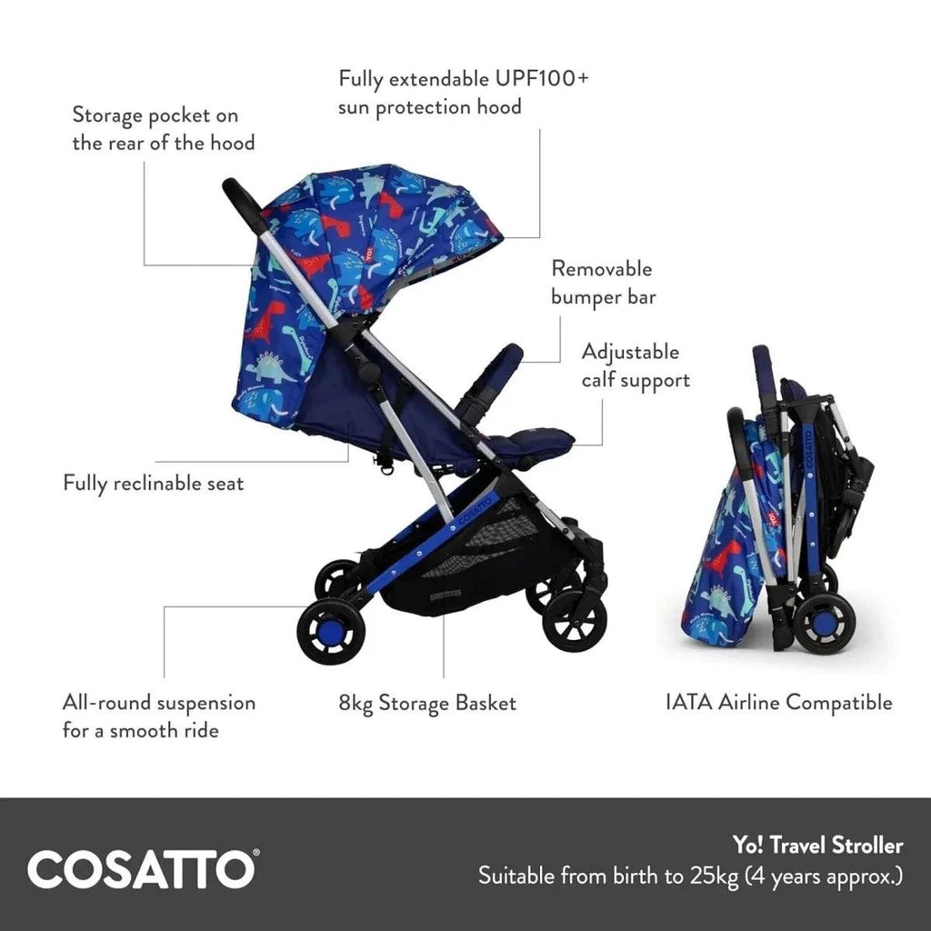 Blue patterned travel stroller with labeled features on product graphic