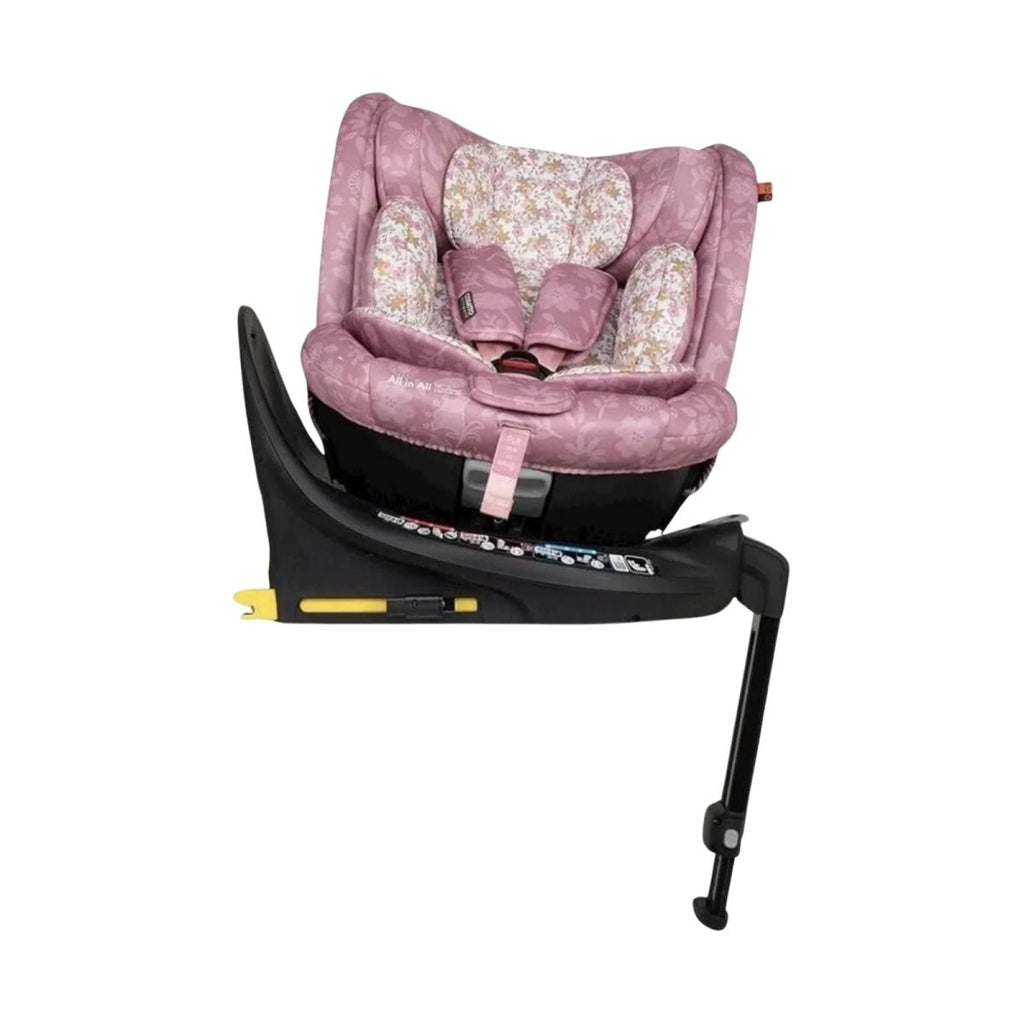 Cosatto i-Size car seat with pink floral padding and harness, on black base