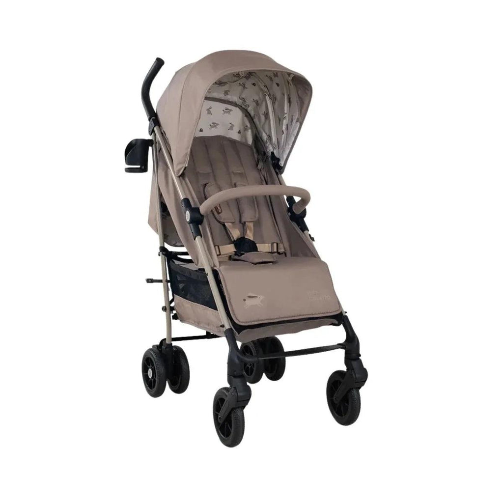 Lollop travel stroller with beige canopy, padded seat, and front swivel wheels