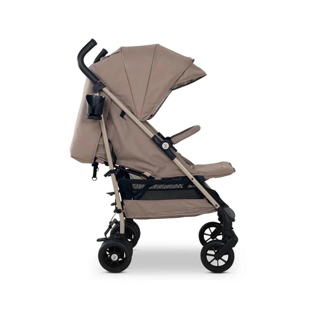Lollop stroller in beige with extended canopy, reclined seat, and large wheels