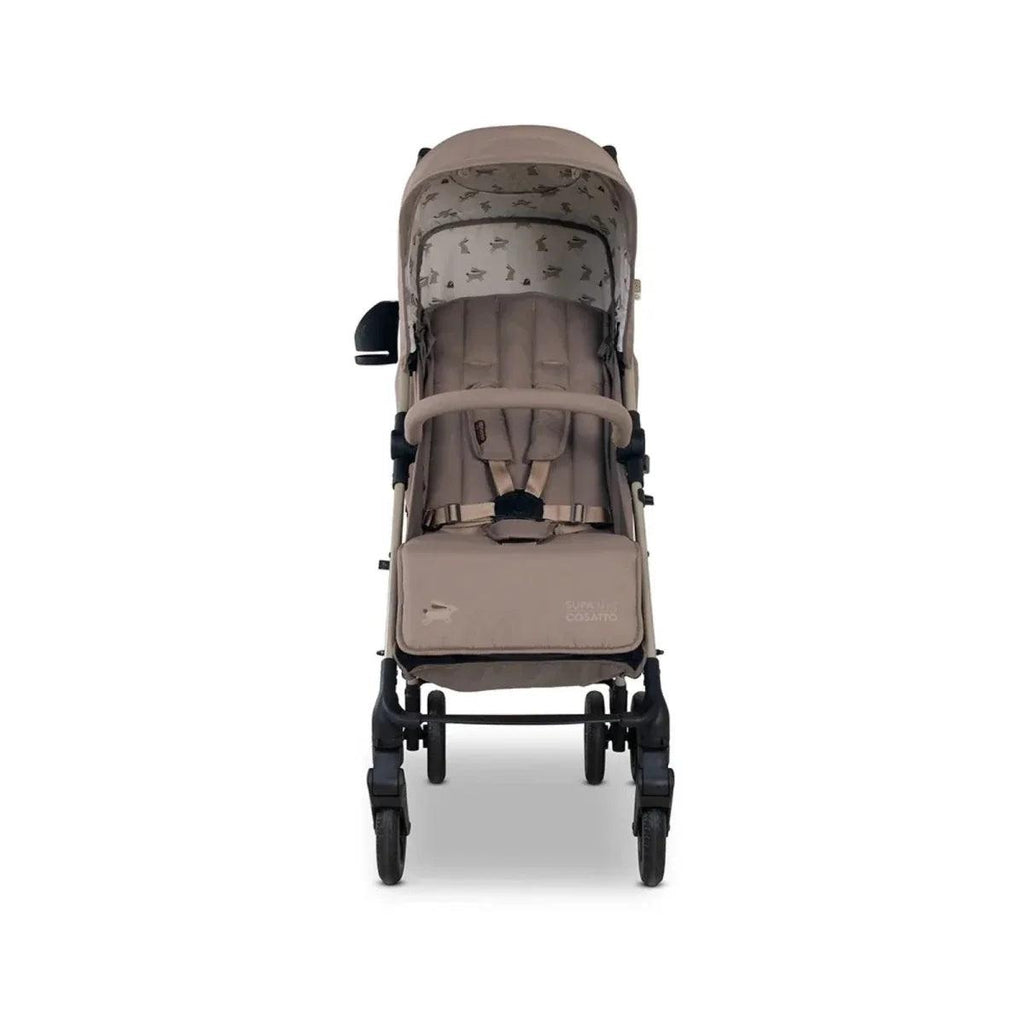 Front view of beige Lollop stroller with canopy and padded seat