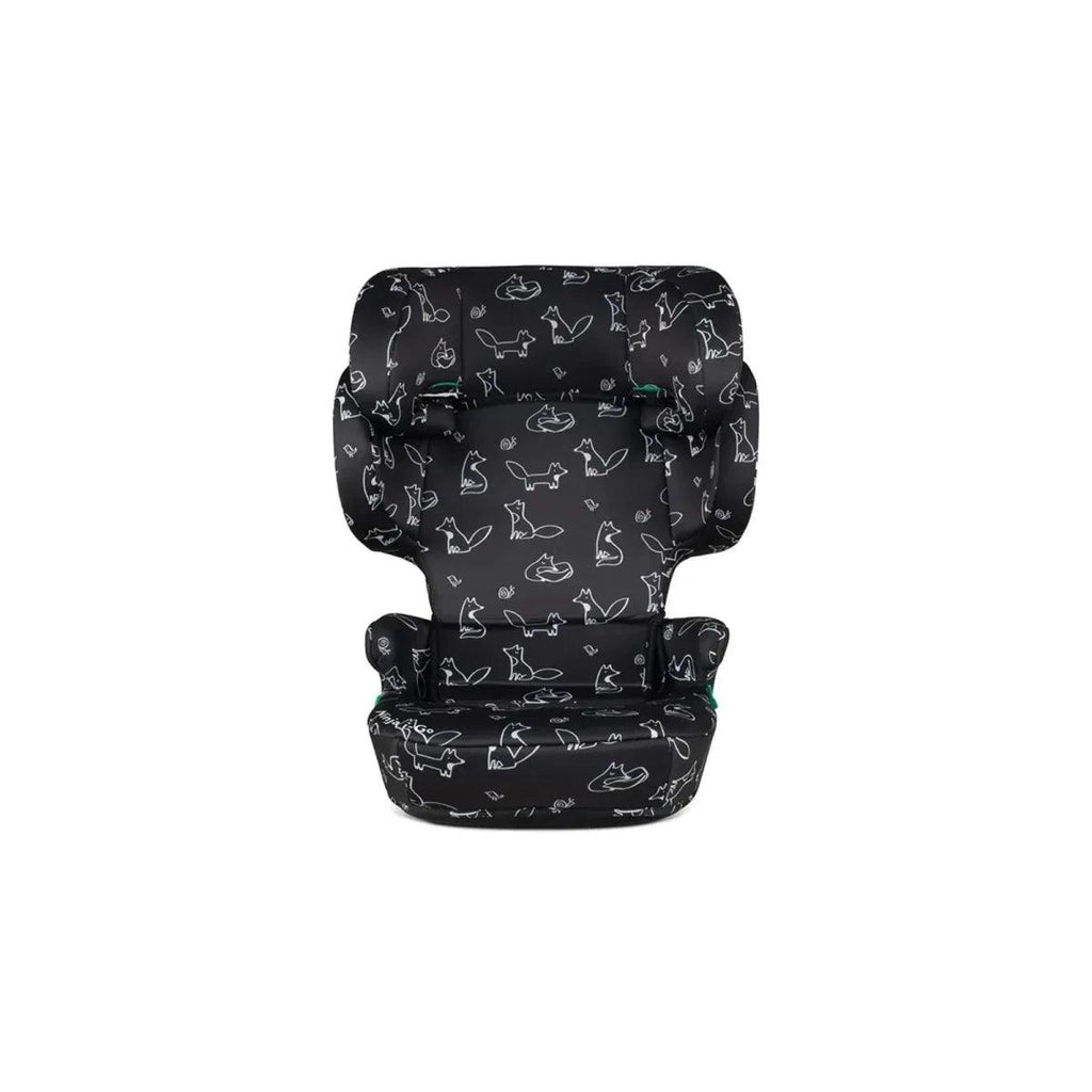 Black car seat with animal doodle print, padded headrest and safety harness openings