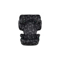 Black car seat with animal doodle print, padded headrest and safety harness openings