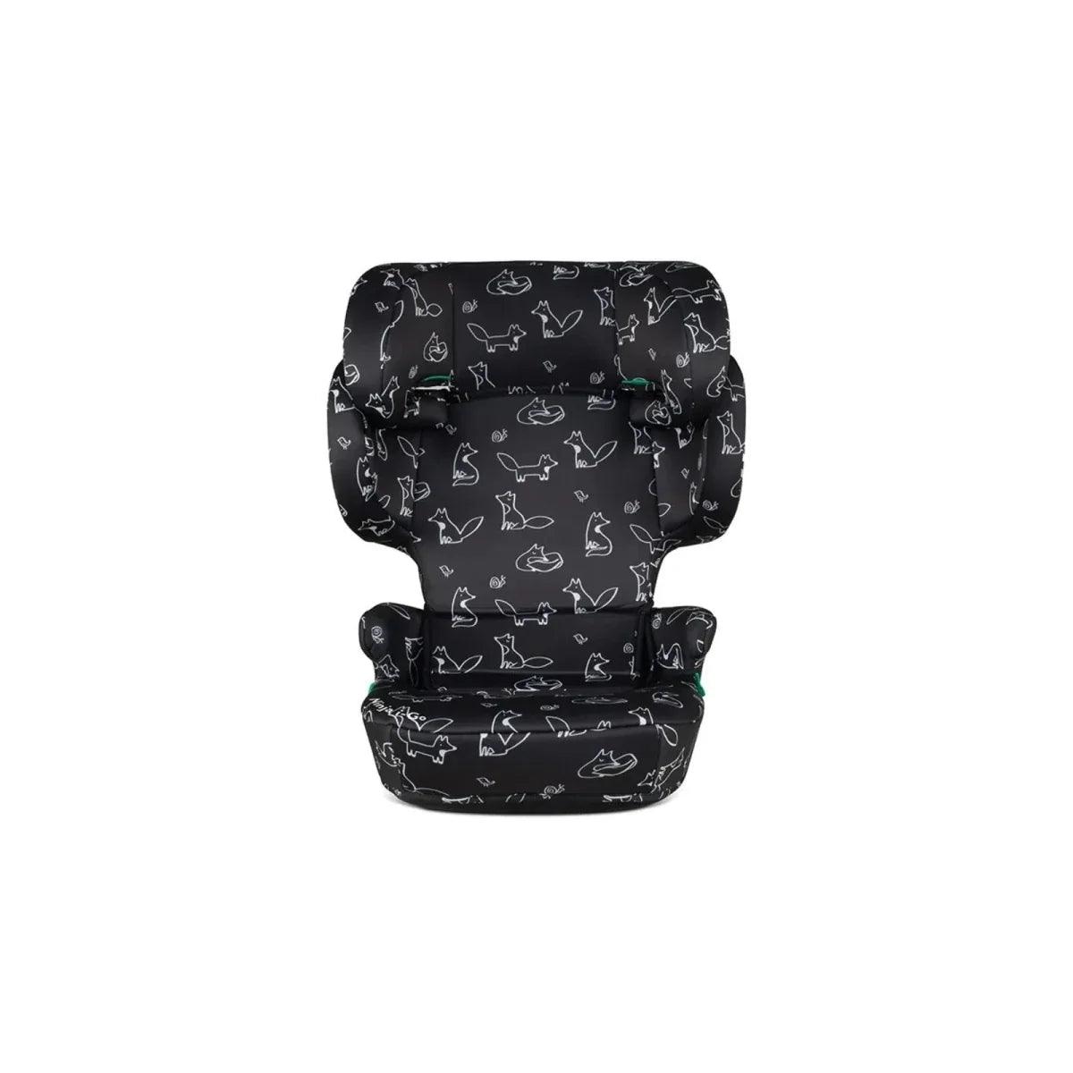 Black car seat with animal doodle print, padded headrest and safety harness openings