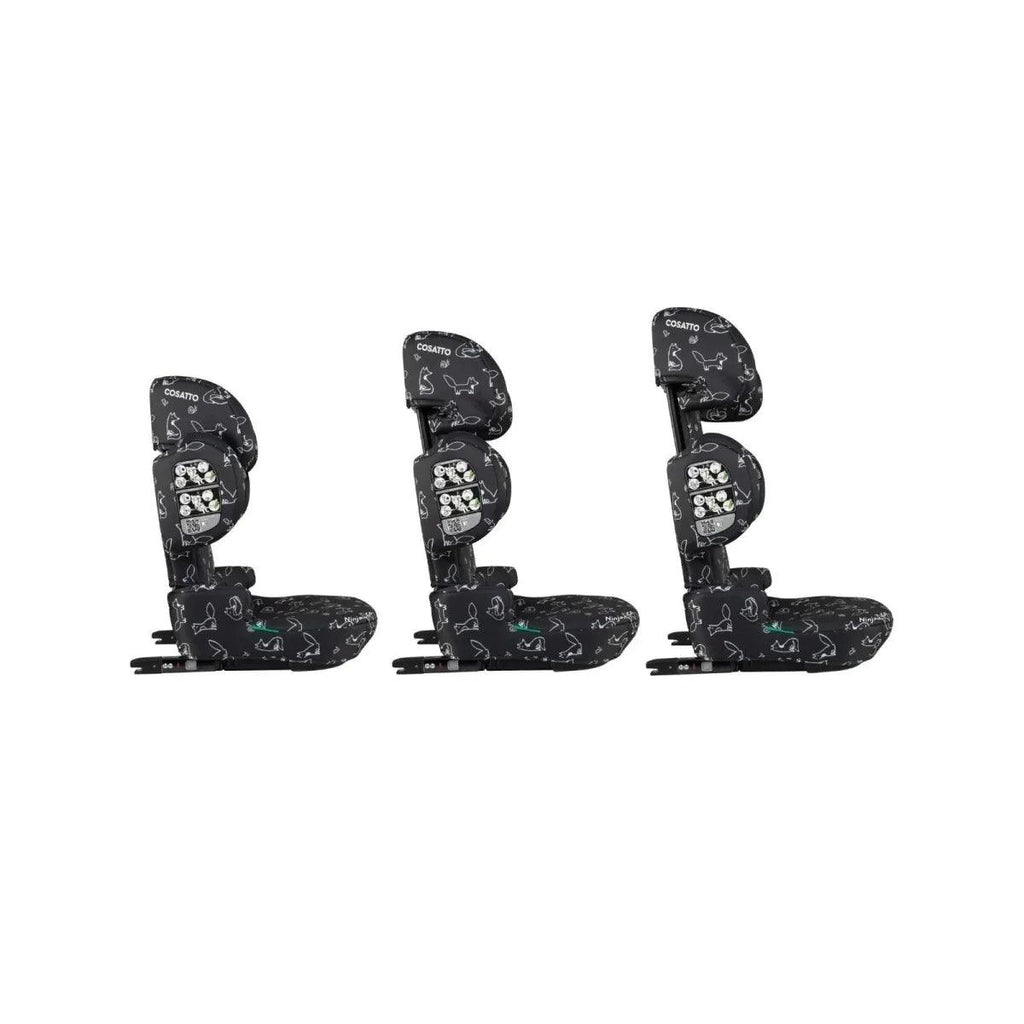 Black car seat with animal doodle print, side view with padded headrest