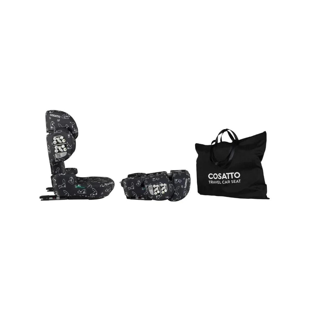 Black Cosatto travel car seat with animal doodle print and matching travel case bag