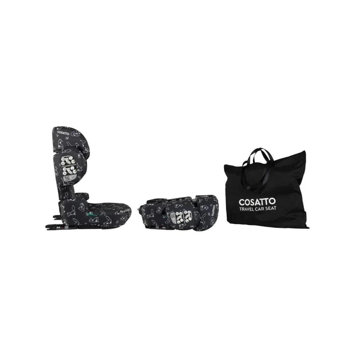 Black Cosatto travel car seat with animal doodle print and matching travel case bag
