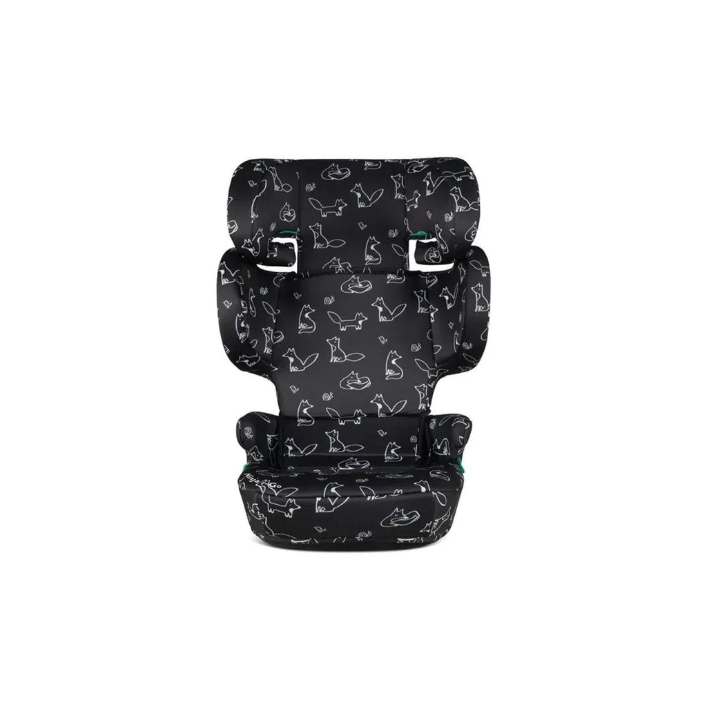 Black car seat with animal doodle print, front view of padded headrest and seat