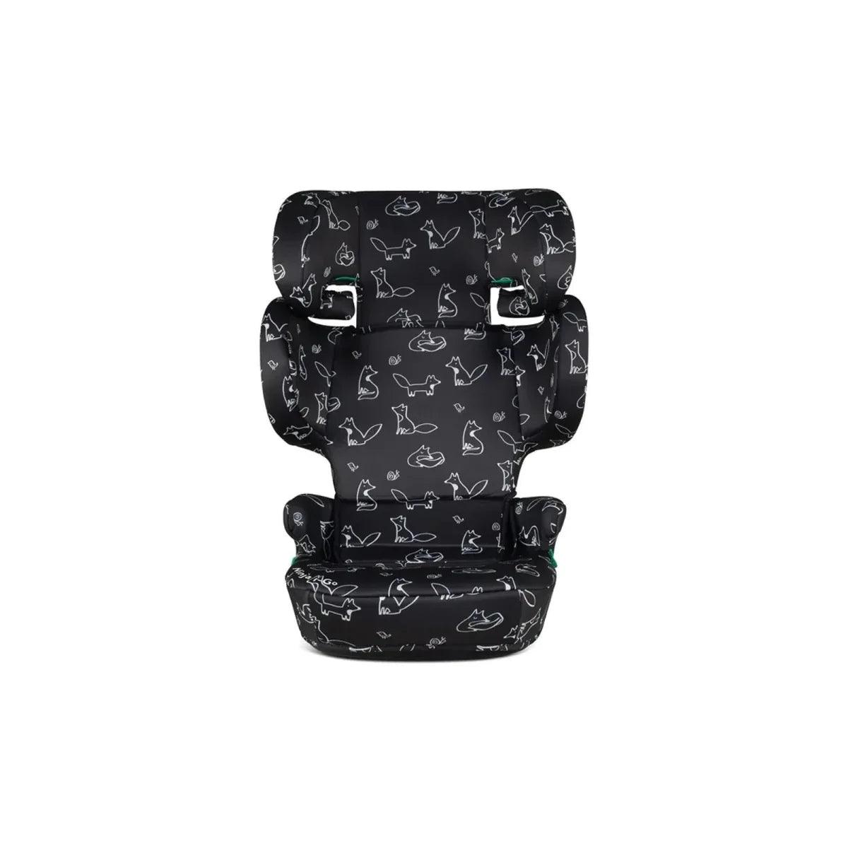 Black car seat with animal doodle print, front view of padded headrest and seat