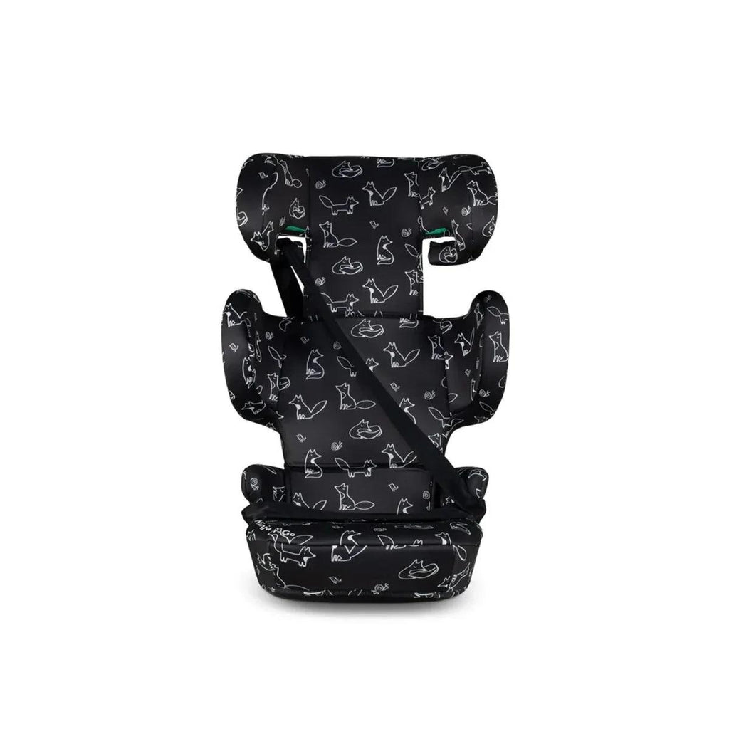 Black car seat with animal doodle print, angled view with shoulder belt routing