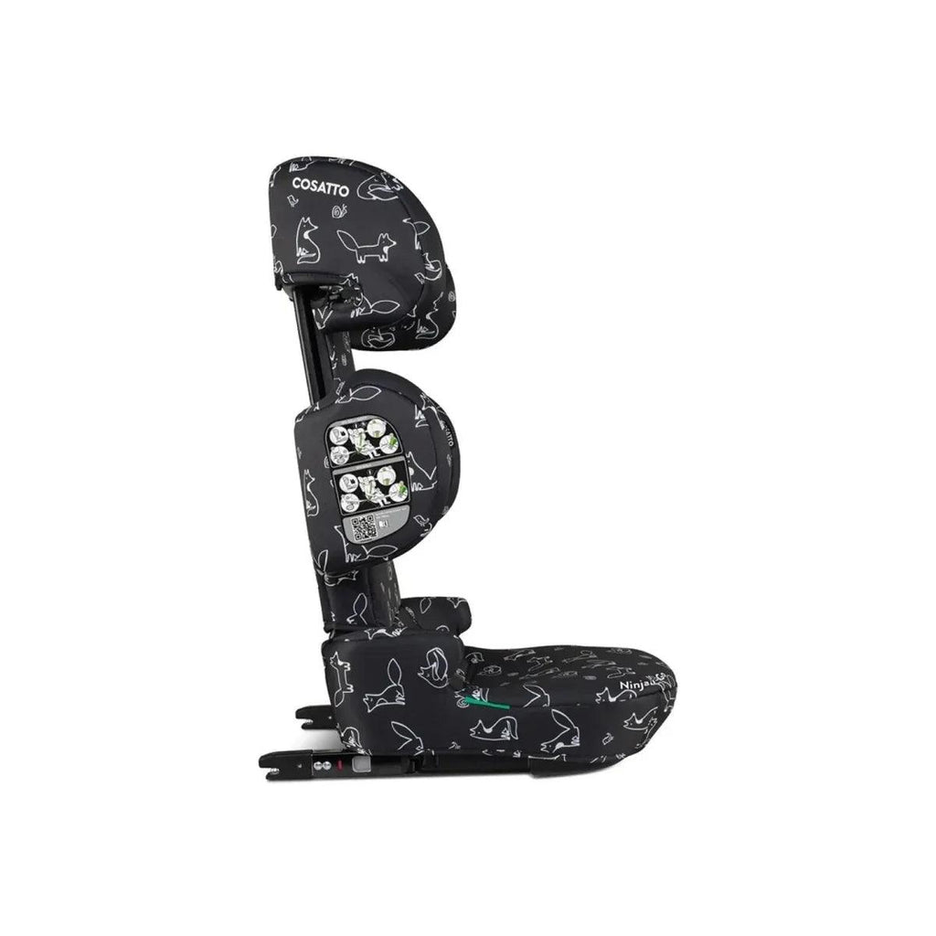 Black car seat with animal doodle print, side profile view with control panel detail
