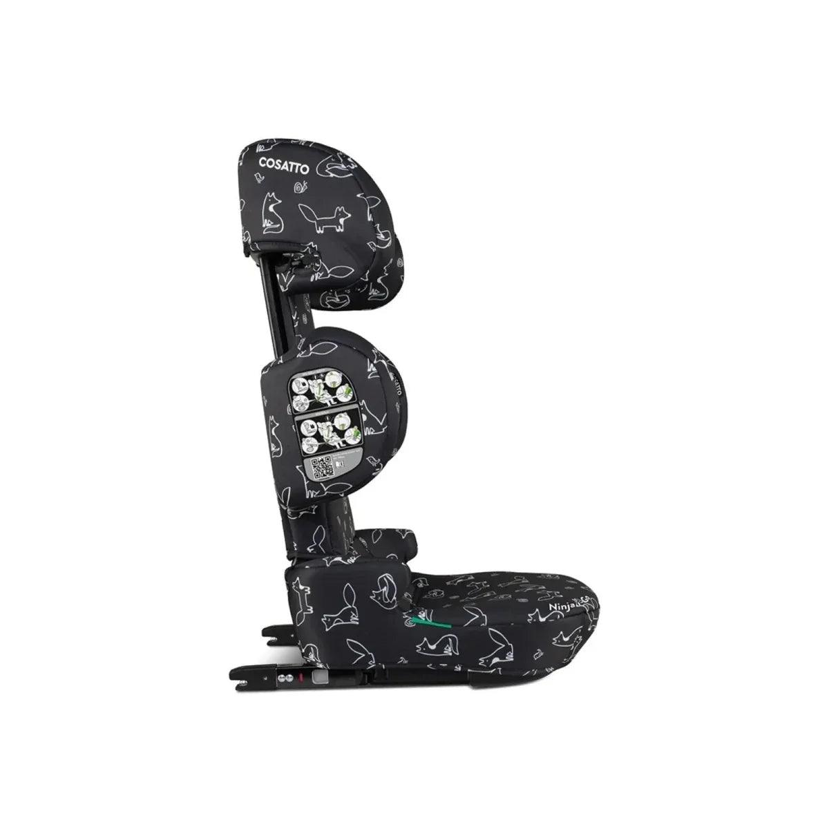 Black car seat with animal doodle print, side profile view with control panel detail