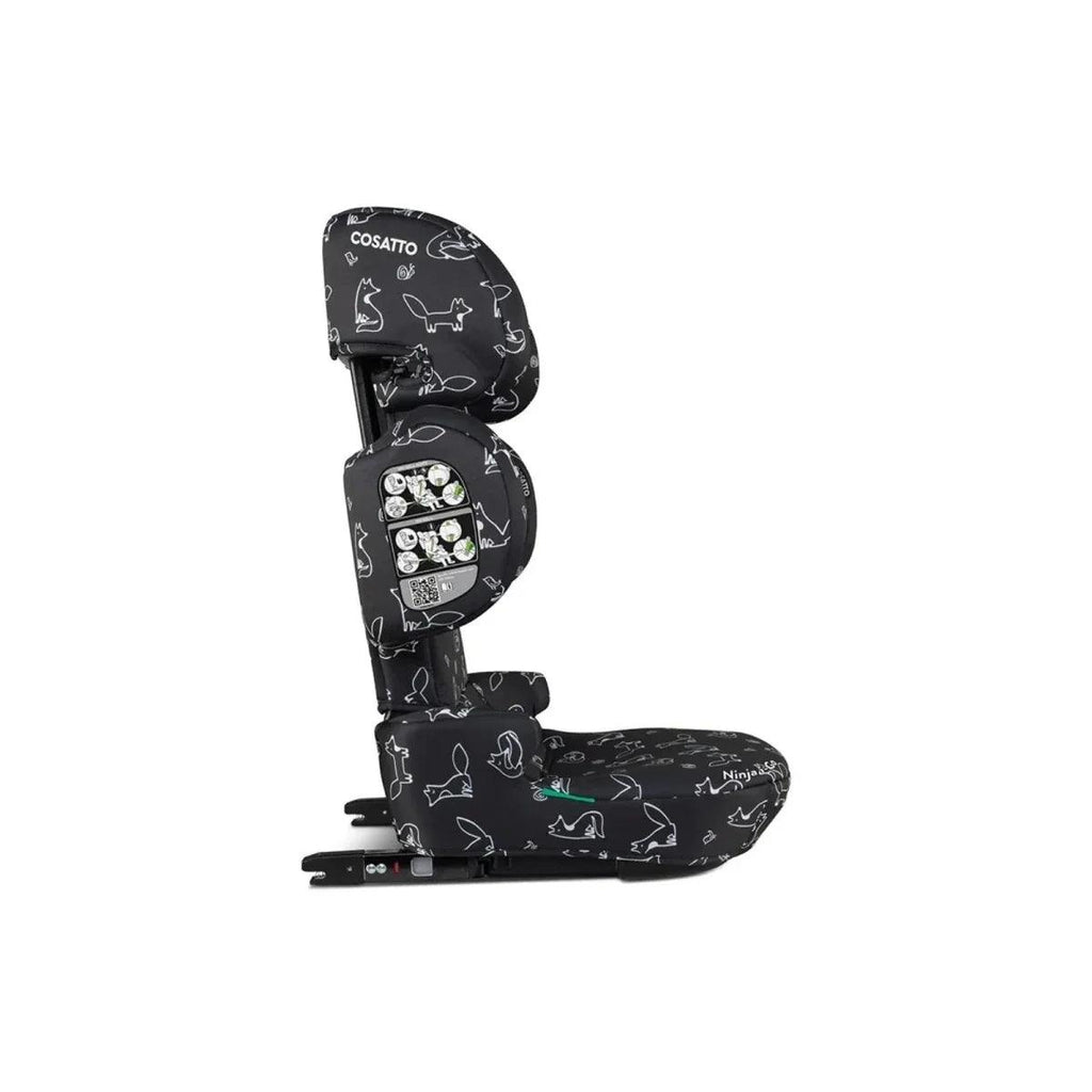 Black car seat with animal doodle print, close side view of headrest and side panel