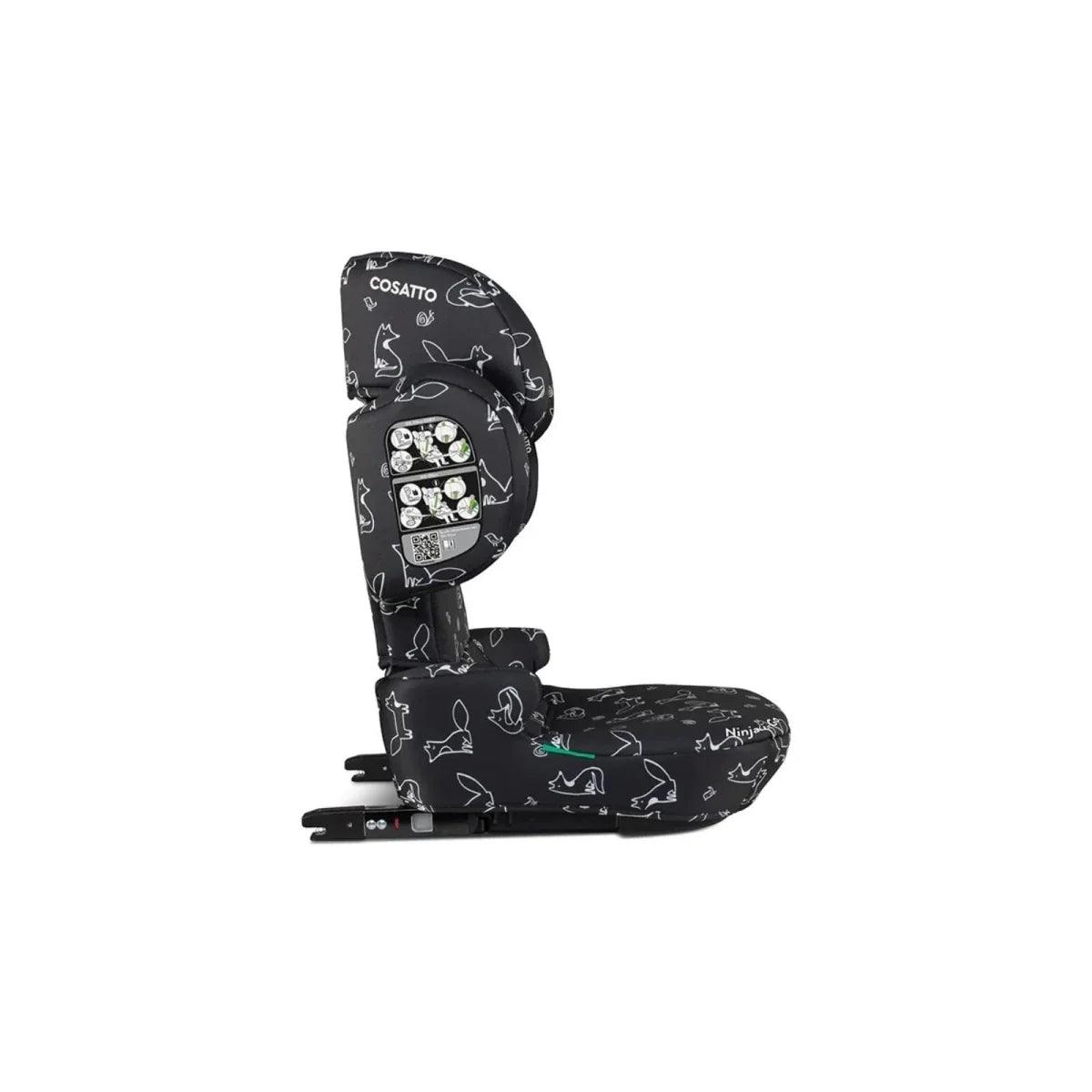 Black car seat with animal doodle print, full side profile view