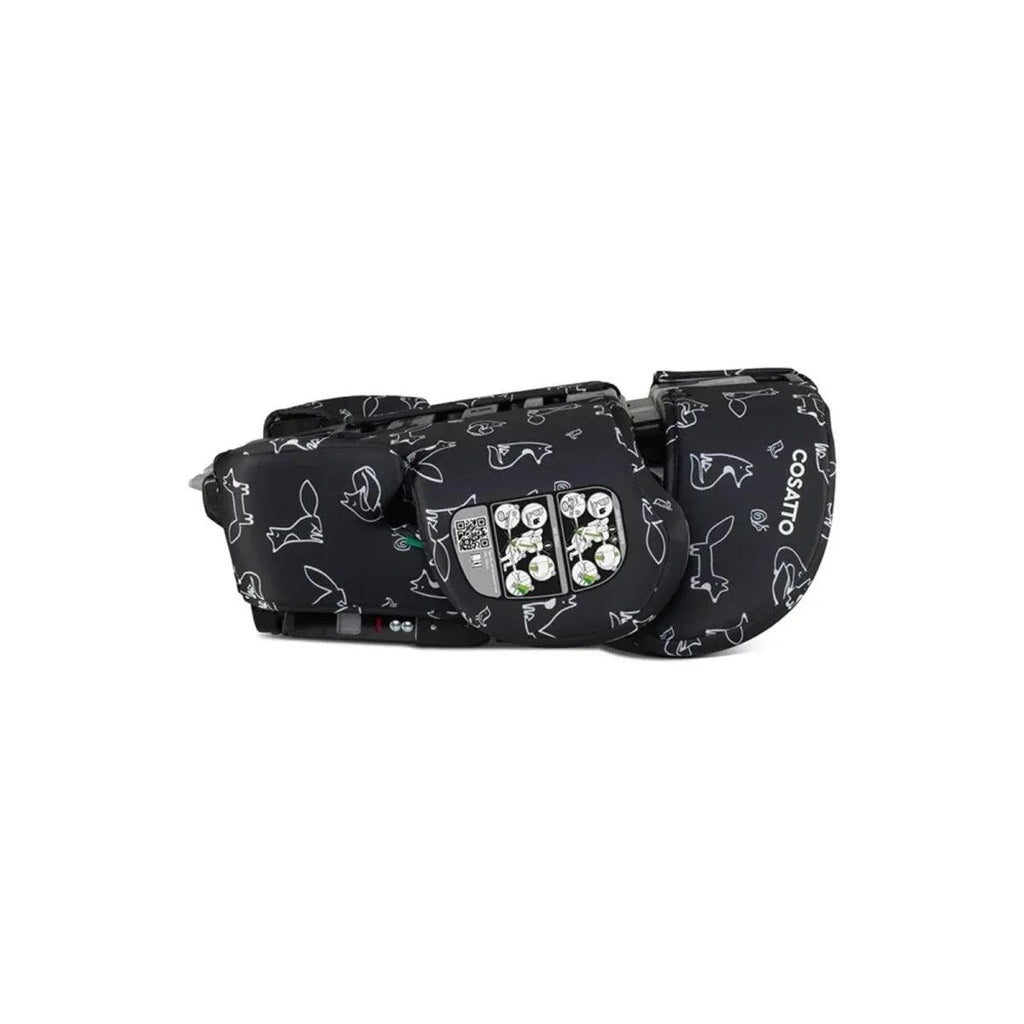 Black car seat with animal doodle print, side view showing inner cushion