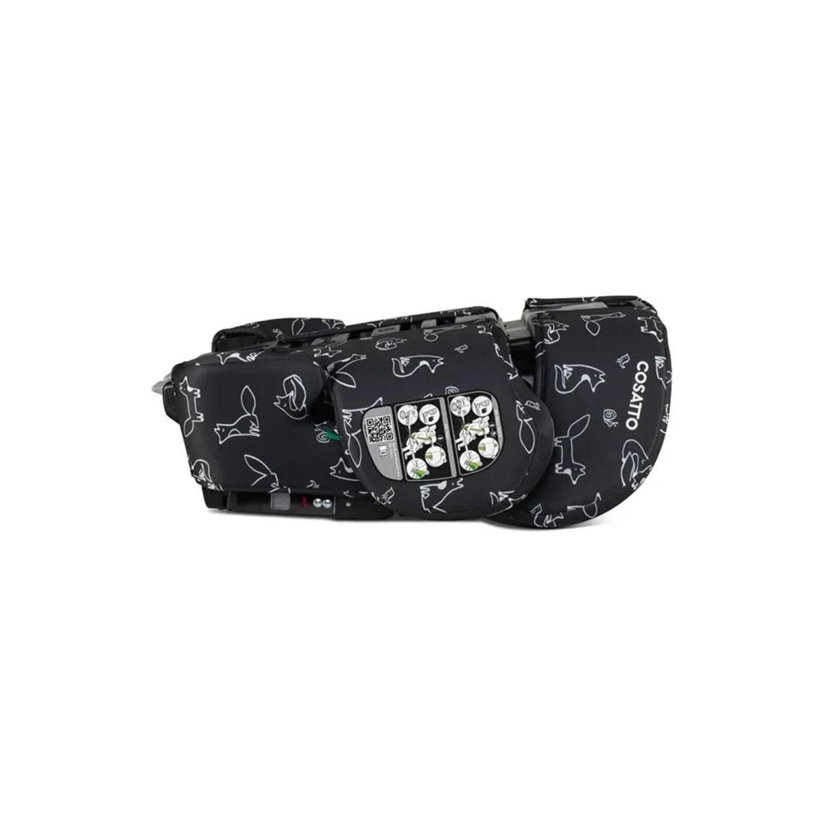 Black car seat with animal doodle print, side view showing inner cushion