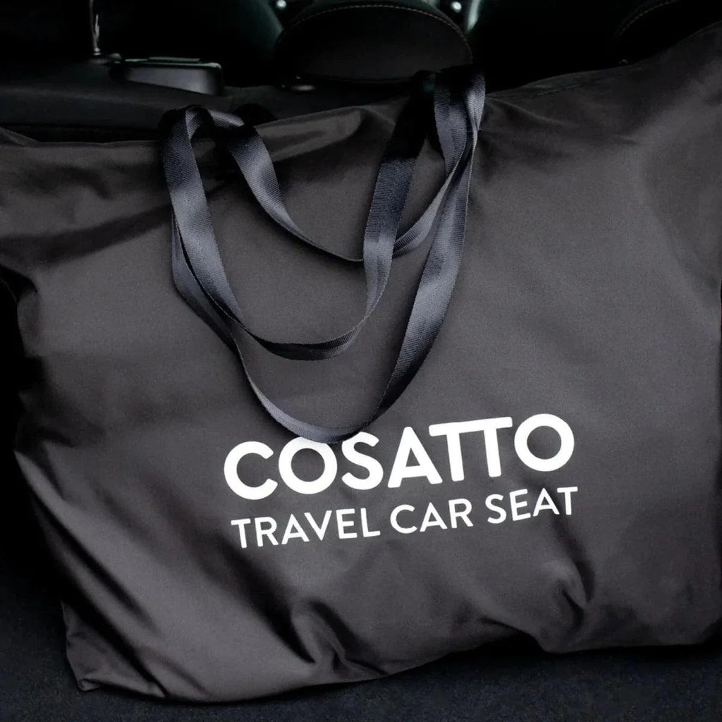 Cosatto travel car seat carry bag, black with front pocket strap and COSATTO text