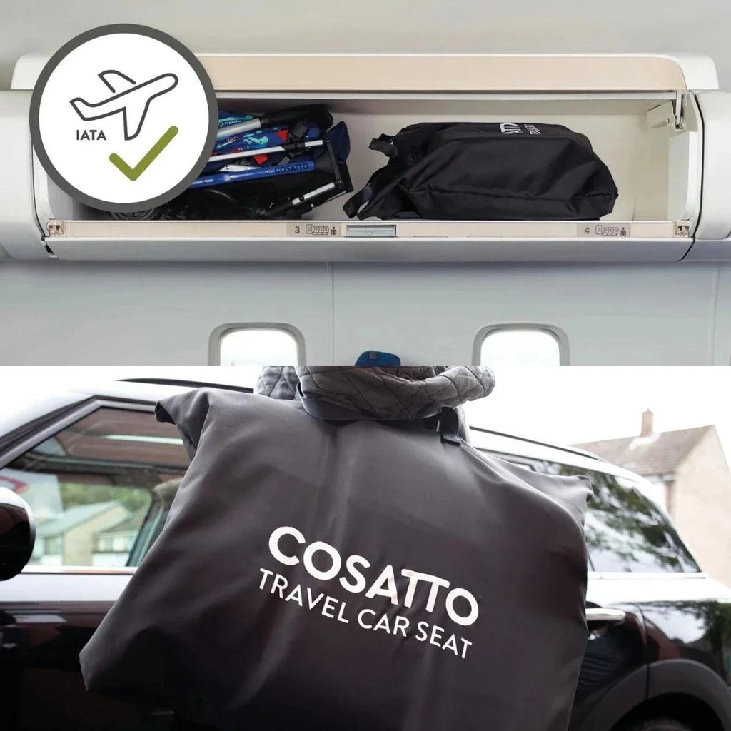 Cosatto travel car seat carry bag in vehicle, black with COSATTO TRAVEL CAR SEAT logo