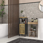 Black and bamboo bathroom storage cabinet with slatted cabinet door in a freestanding layout