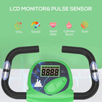 Green exercise bike console with LCD screen and pulse sensor handle grips