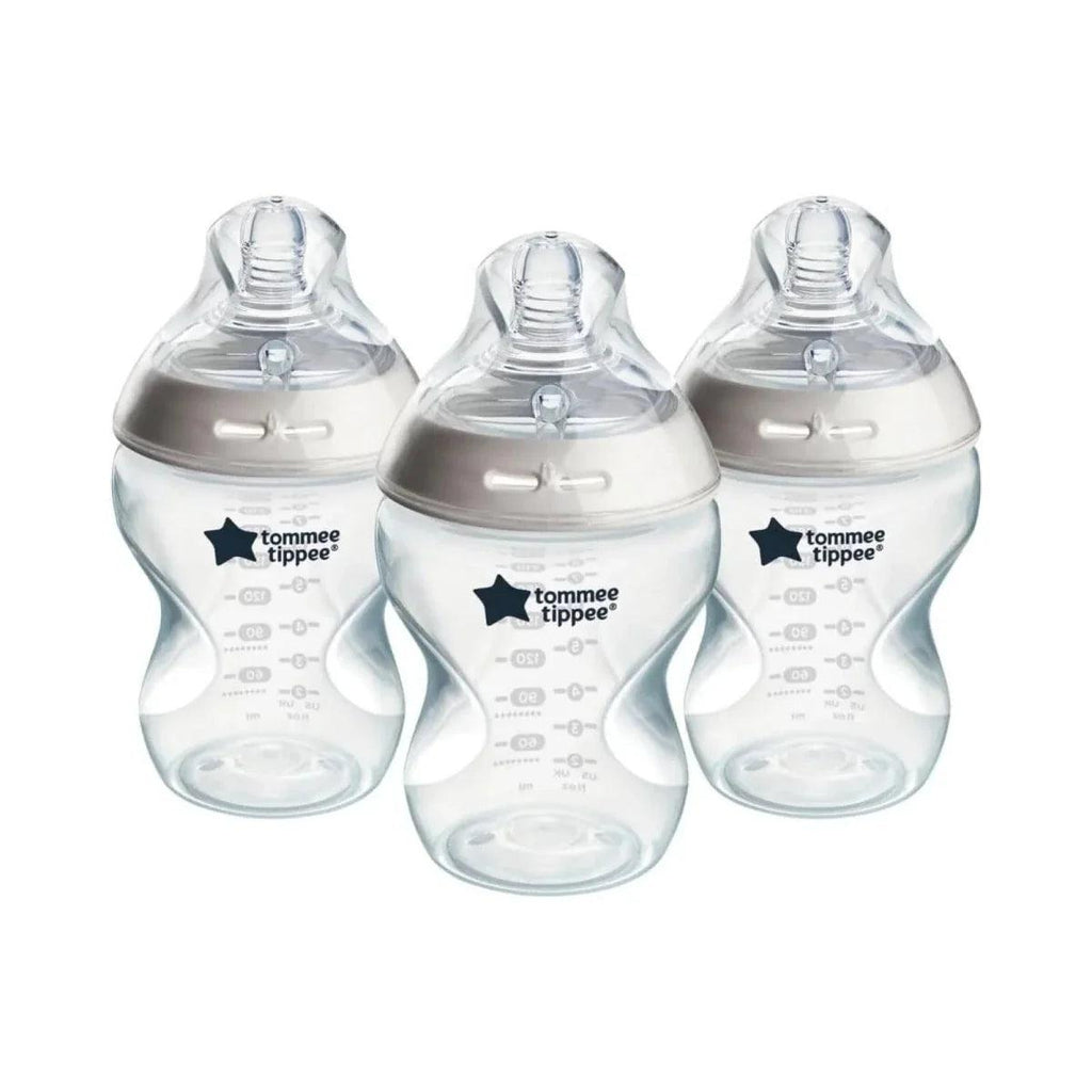 Pack of 3 baby bottles, 260 ml, clear with light beige silicone teat