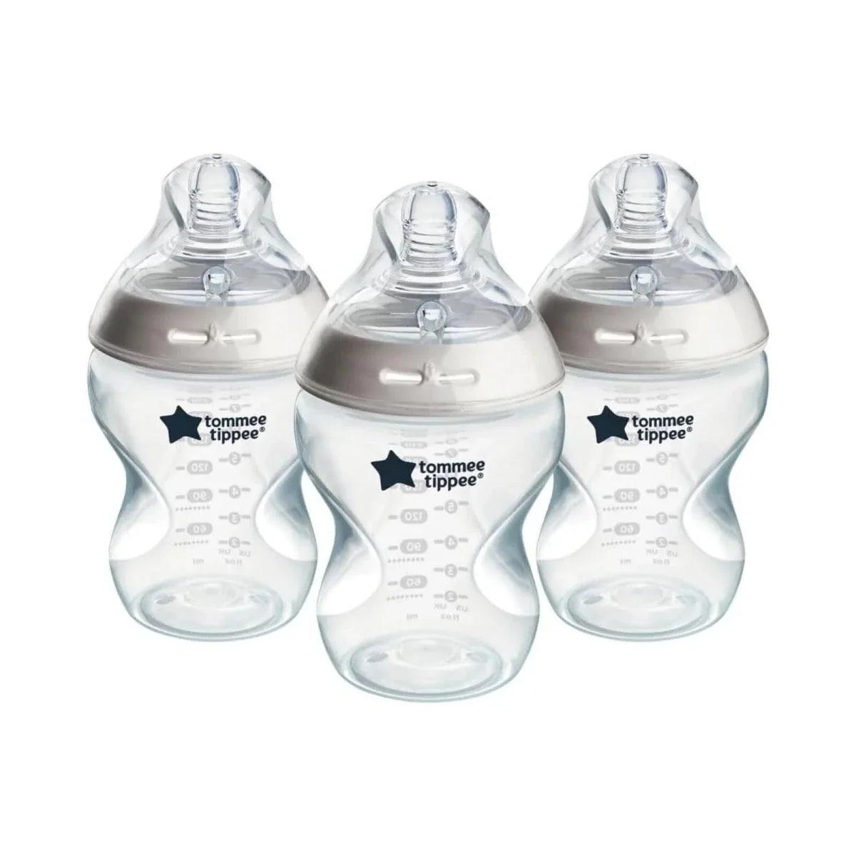 Pack of 3 baby bottles, 260 ml, clear with light beige silicone teat