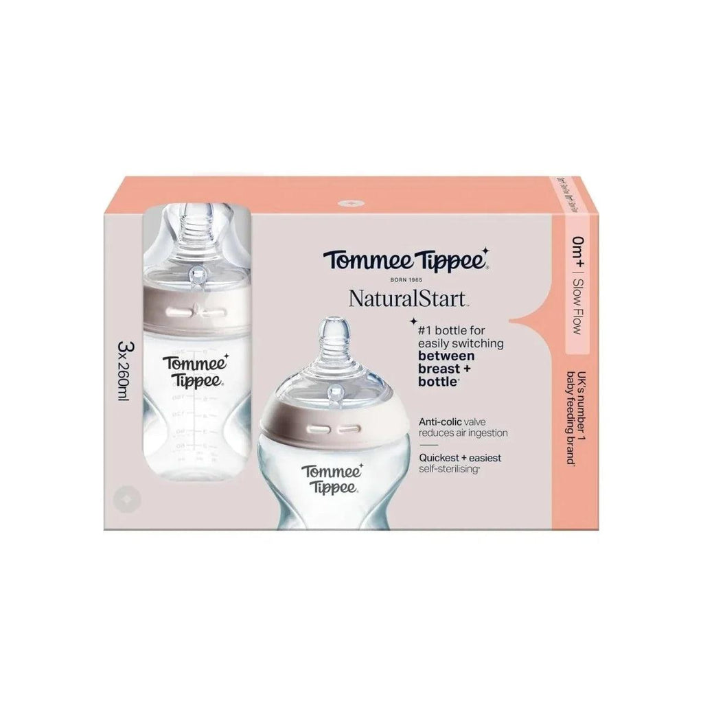 Retail box showing 3 x 260 ml baby bottles with natural color