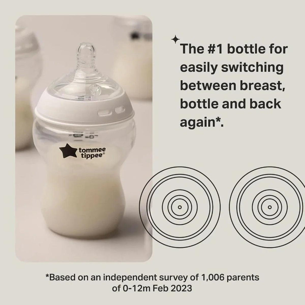 Baby bottle with clear teat and light-colored body, 260 ml size