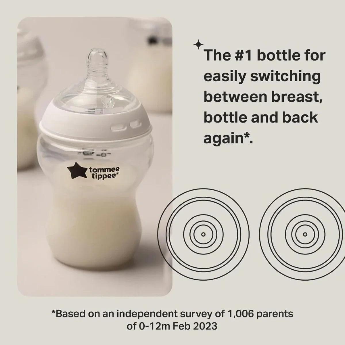 Baby bottle with clear teat and light-colored body, 260 ml size