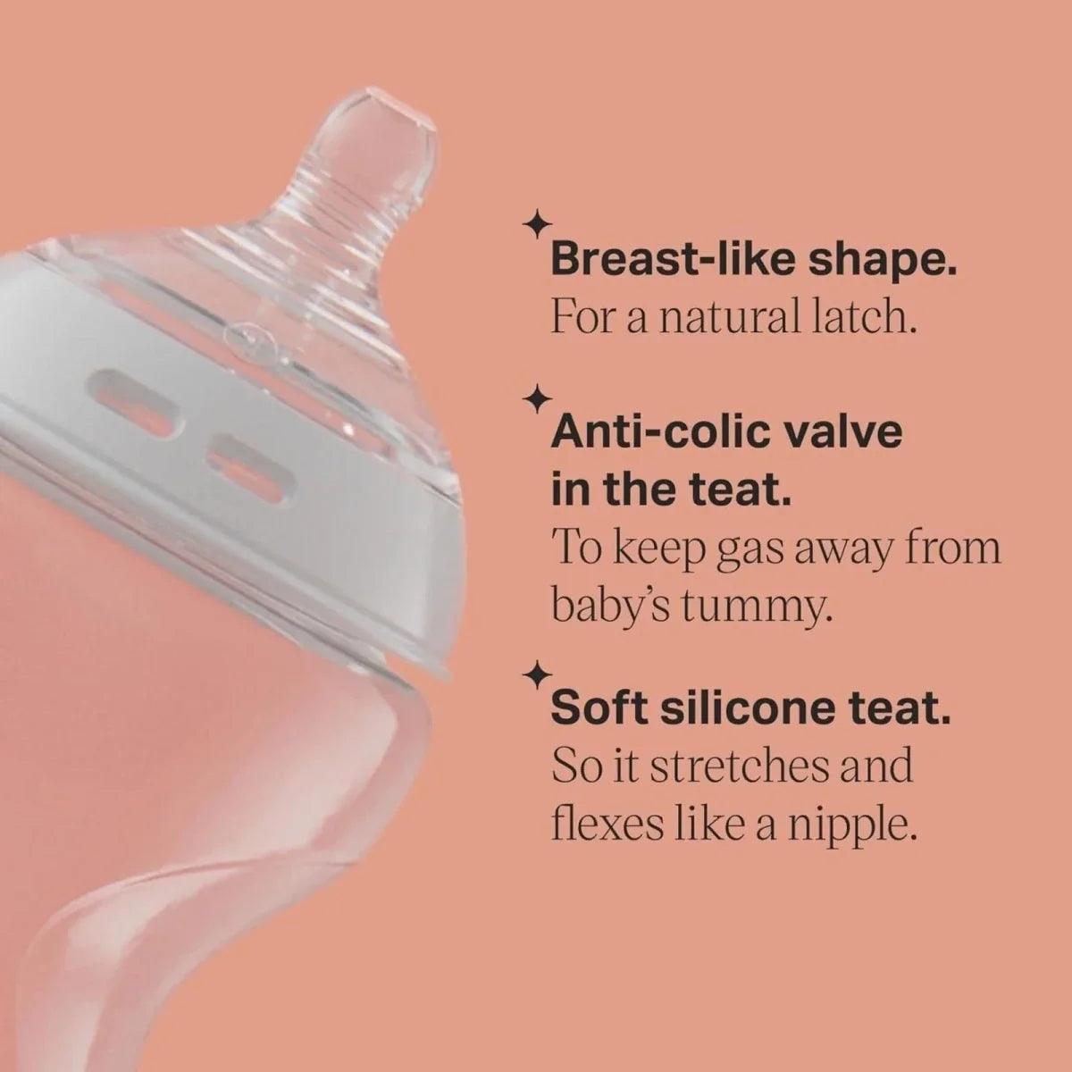 Breast-like silicone teat and anti-colic valve on baby bottle spout